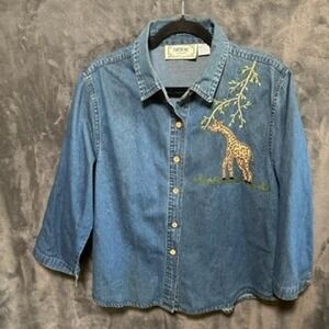 Denim Giraffe Embroidered Women's Top